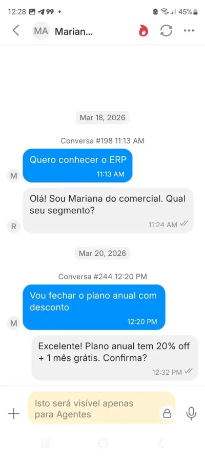 Nota interna invisível para o cliente